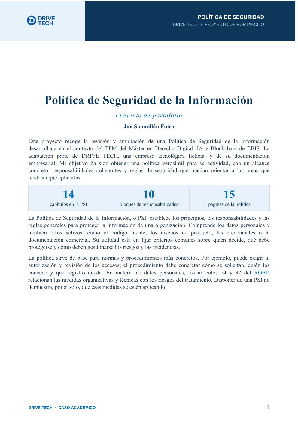 Portada de la memoria del proyecto de Política de Seguridad de la Información de Drive Tech