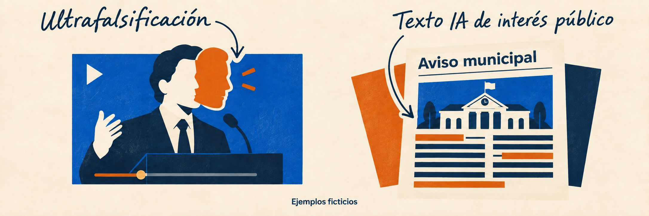 Dos ejemplos ficticios en serigrafía: un vídeo con el rostro de un orador manipulado, señalado como Ultrafalsificación, y un aviso municipal con texto generado o modificado por IA, señalado como Texto IA de interés público.