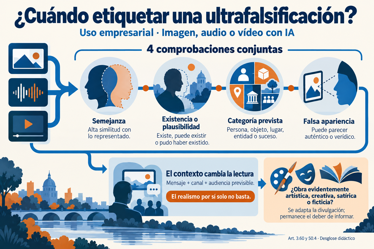 Infografía sobre cuándo etiquetar una ultrafalsificación: cuatro comprobaciones conjuntas —semejanza, existencia o plausibilidad, categoría prevista y falsa apariencia—, valoración del contexto y divulgación adaptada en obras artísticas, manteniendo el deber de informar.